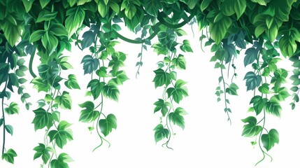 Green jungle liana vine with long stem and rope. Cartoon modern illustration of rainforest tree climber with foliage. Tropical hanging vegetation frame.