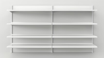 An empty white supermarket shelf mockup with racks to display products. A realistic 3D illustration set of a bookcase stood in different angles. An empty mockup of a store promotion equipment.