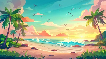Fototapeta na wymiar Beach with sand, lianas, green grass, ocean waves washing coast and birds flying in sunset sky at sunset. Modern illustration of seaside landscape.