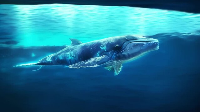 A holographic whale breaches the surface of the ocean symbolizing the beauty and fragility of marine life and the need for ocean conservation.
