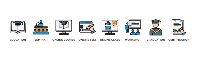 Online training banner web icon illustration concept with icon of education, seminar, online course, online test, online class, workshop, graduation, certification 