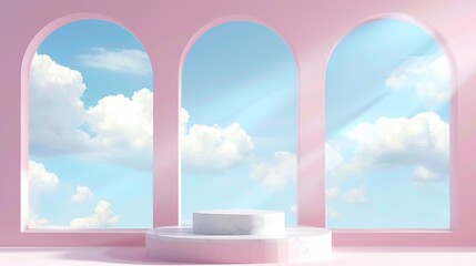 A pedestal on a pink background with an arch window. Modern realistic illustration showing a white cube platform on a sky blue backdrop with clouds for product presentations, an oriental-style
