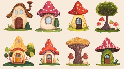 The cute funny imaginary forest habitat house is made from mushrooms and tree stumps and has windows, doors, and a roof. Modern illustration of sweet fairy gnome home.