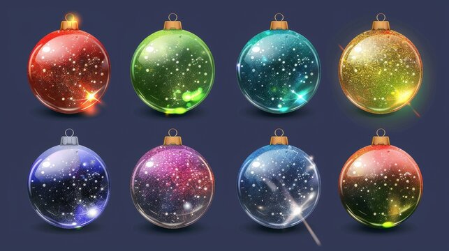 Xmas tree glass globe decorations. Modern illustration set of festive xmas balls with bright sparkles. New Year crystal sphere. Winter holiday round bubble ornament.