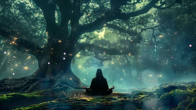A hermit meditating with their back to the camera, deep in the forest. Fantasy landscape, looping 4k video background