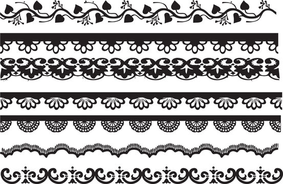 Collection of beautiful lace borders. Lace pattern elements. Vintage seamless figured lace borders for decoration. Lace borders in high quality, Seamless gorge. Easy to reuse in designing.