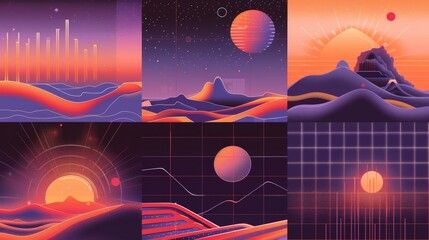 Retro futuristic vibe banners with y2k aesthetics with orange and purple color backgrounds, text borders, statistics data chart frames, retrowave collage.