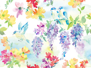 Seamless pattern of flowers and birds painted in watercolor