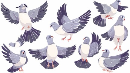 Set of cartoon cartoon pigeons lying, walking, dancing, flying on a white background - comic pet mascots with big eyes, feathers, wings.