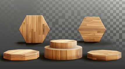 This is a 3D set of wooden platforms with a transparent background. Modern realistic illustration of a cube and hexagonal wooden podium for product presentations, award stands, and natural materials
