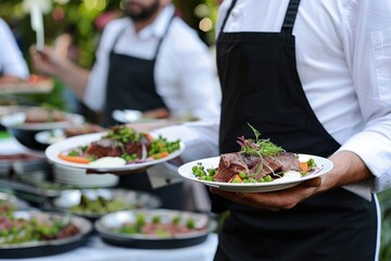 Waiter carrying plates with meat dish on some festive event, party or wedding reception restaurant.