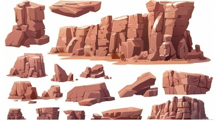 A large pile of desert stone and a cliff in the west. Cartoon illustration of a mountain and canyon formation in west landscape. Music video UI assets with canyon formations and archways.