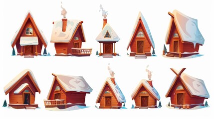 Cozy snowy chalet with pillared porch, snowy roof, and chimney. Cartoon modern set of small triangular wood house for mountain resorts or camping.