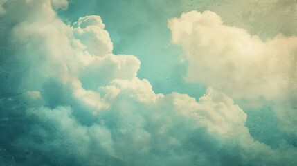 White clouds on a light blue background. The sky is filled with an airy and fluffy cloud. Grunge texture, aged background