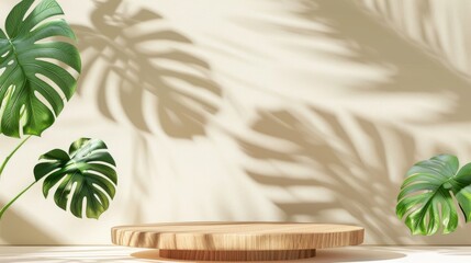 This modern illustration depicts a wood podium and monstera leaves on a light beige background, with shadowed tropical plant leaves on the wall behind the wooden platform.