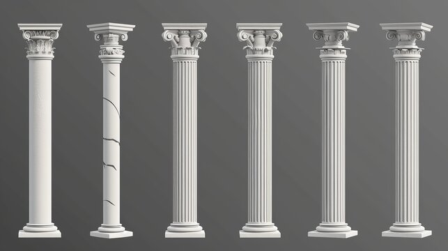 Realistic 3D modern illustration set of greek stone column of temple. Antique marble colonnade for historical construction decorative facade design...