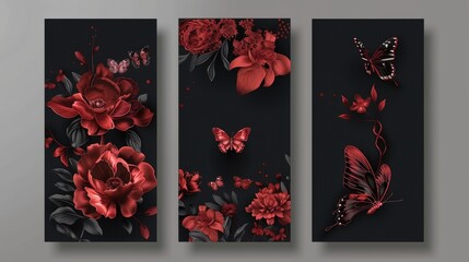 An abstract butterfly and flower element is present on the flyer. This is a retro-futuristic boho aesthetic banners set. Modern illustration of posters with an elegant red floral decoration on a