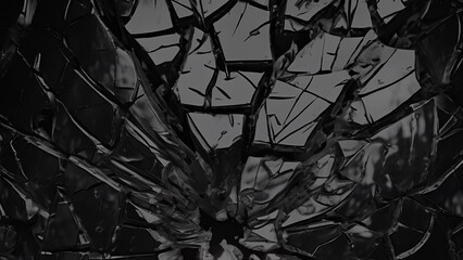 Fototapeta na wymiar Broken glass on black background, Broken glass texture, broken window glass with a hole from gun shot. Street violence. Broken windows theory. Visible signs of crime, glass crack damage texture art