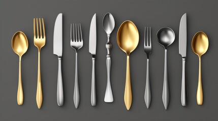 The cutlery set consists of a fork, knife, and spoon for different types of food. Top view of the top view of bar or restaurant tableware. Mock up of eating tools.