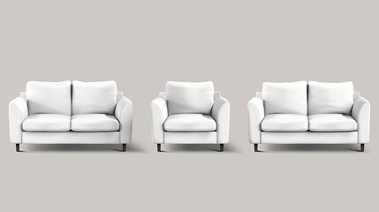 A realistic modern illustration set of white sofa 3D with fabric surface for lounge or waiting zone design. A living room interior furniture set.