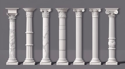 White clay column from the Roman Empire. Colonnade of antique marble pillars on a Greek temple facade.