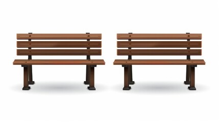 Bench made of wood planks, which can be used for garden or street furniture. Light brown outdoor furniture for a park or backyard. Modern illustration set depicting a front view on the wooden seat.