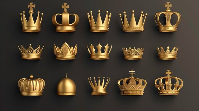 The golden royal crown from different angles. 3D modern illustration set of simple gold royal symbols. Medieval royalty emblems. Kingdom winner trophy or award icon.