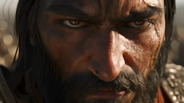 A closeup of a Persian Immortals face reveals determination etched in every line. His eyes blaze with fierce loyalty to the empire.