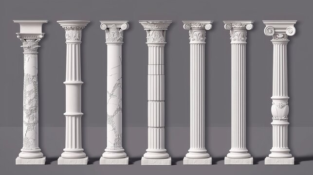 White clay column from the Roman Empire. Colonnade of antique marble pillars on a Greek temple facade.