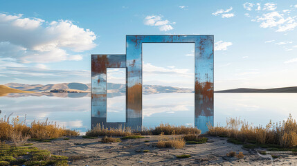 Large rectangular mirror On the quiet water, minimalist, photorealistic scenes, orientalist landscapes , geometric surrealism, abstract surreal concept