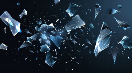 A realistic modern illustration of a crashed, beaten, and flying shard of ice scattered across a broken and exploded glass surface, accompanied by sharp pieces of blue crystal or mirror.