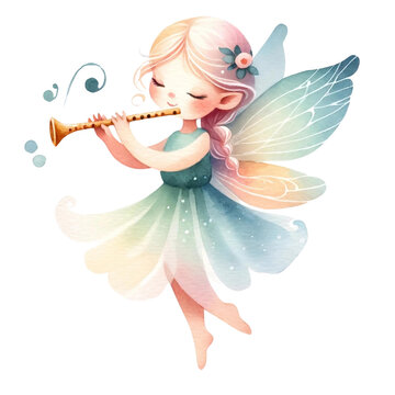 Fairy Playing a Flute Watercolor Illustration
