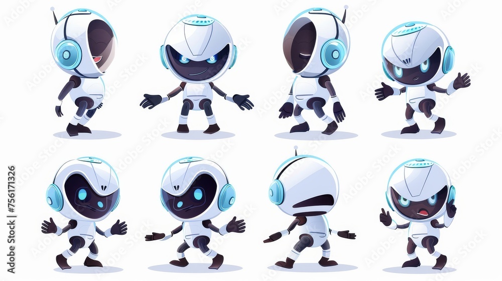 Poster modern illustration set of robot mascot character with different poses and expressions. artificial i
