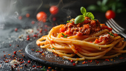 Delicious hot spaghetti with sauce bolognese hanging on a fork on dramatic black background - obrazy, fototapety, plakaty