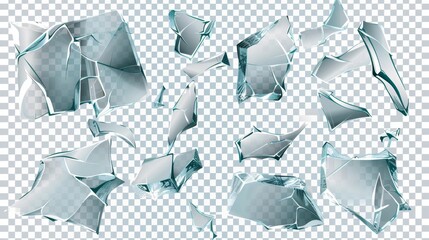 Set of broken glass or ice pieces on transparent background. Modern realistic illustration of crashed mirror shards, crystal shards, and fragments of windows of abstract form with uneven sharp edges.