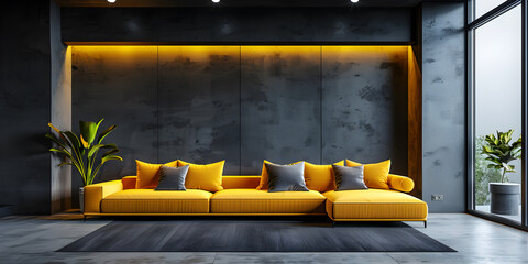 Interior ,Living room modern minimalist has yellow sofa on concert wall and granite tiles floor, 