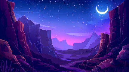 Modern night cartoon landscape with rocky cliff edges over chasm, surrounded by stone mountains, against a dark blue sky with stars and crescent moon.