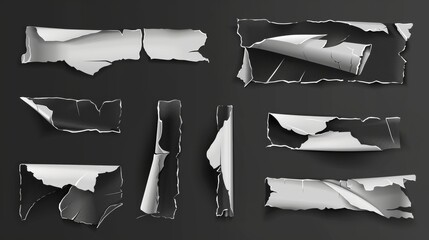 A set of black and white crumpled plastic sticky tape pieces with wrinkled surfaces and uneven edges, sellotape packaging strips isolated on a gray background.