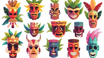 Collection of cartoon tiki masks. Hawaiian tribal totem heads decorated with leaves. Modern illustration set of traditional african or polynesian wooden faces. Ancient culture ritual element...