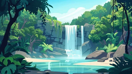 Foto op Canvas Cartoon modern rainforest scenery with river water fountain flowing on cliff with cascade waterfall in the jungle. Forest landscape with green trees, shrubs and liana vines on shore. © Mark