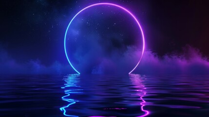 A circle frame with blue neon lights and purple smoke under calm water with ripples and reflections on a dark starry background. This is a realistic modern illustration of a luminous electric line