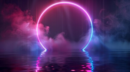 Detailed modern illustration of circular neon arch frame with smoke over water surface. Glowing round magic portal or presentation template with fog.