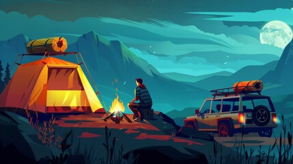 Fototapeta na wymiar In the dark of night, a male tourist sits by a campfire, tent, and car with baggage on the roof. Cartoon modern dark natural landscape with a male tourist putting wood on fire. An outdoor campsite
