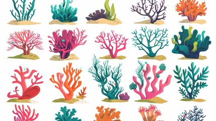 Modern illustration set of different underwater ocean plants and reefs. Tropical creatures on the seabed or in an aquarium. Undersea flora elements. Unique underwater plants set. - obrazy, fototapety, plakaty