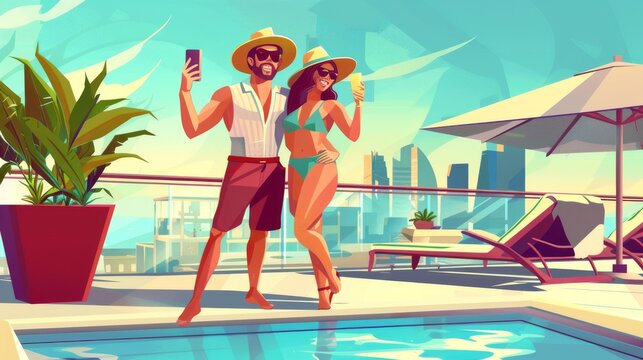 A couple in hats is taking a selfie picture on a city rooftop terrace with a swimming pool, lounge chairs, and plants in pots. Cartoon modern illustration of summer vacation couple taking a selfie.