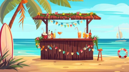 Summer beach bar with surfing board and alcohol cocktail on counter, against sea background. Modern cartoon illustration.