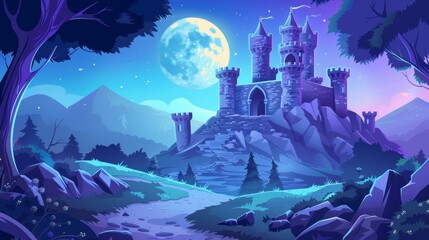 In this cartoon dusk scene with a royal palace standing near the foot of the mountains under the light of the full moon we see a stone roadway leading to a fairytale medieval castle with high towers,