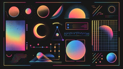 Modern set of banner template with abstract gradient borders in 90s and 2000s aesthetic created with holographic frames, grids, and tribal elements.
