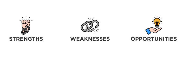 SWOT banner web icon vector illustration concept for strengths, weaknesses, threats, and opportunities analysis with an icon of value, goal, break chain, low battery, growth, check, minus, and crisis