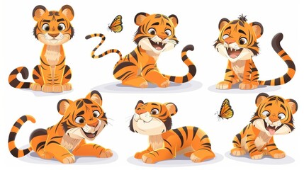 Animated cartoon of a young tiger with different poses and emotions. Modern illustration set of a wild animal with orange fur with black stripes, standing, sitting, and lying facing a butterfly.
